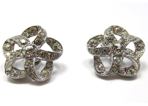 Monet 1960s Mid-Century Designer Clip-On Diamante Floral Earrings - Front