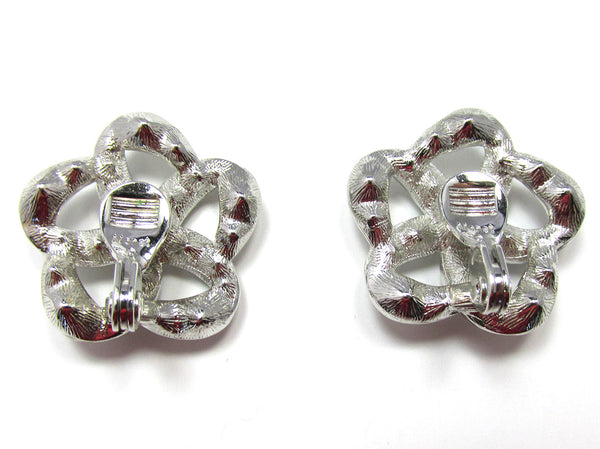 Monet 1960s Mid-Century Designer Clip-On Diamante Floral Earrings - Back