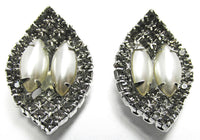 Vintage 1960s Dazzling Rhinestone and Pearl Cabochon Earrings - Front - Thumbnail