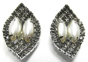 Vintage 1960s Dazzling Rhinestone and Pearl Cabochon Earrings - Front