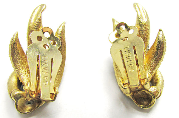 Lisner Signed 1950s Designer Unusual Mid-Century Leaf Earrings - Back and Signature