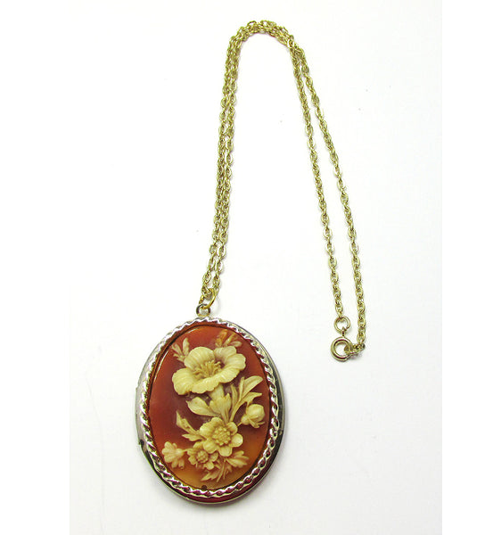 Gorgeous Mid-Century Vintage Floral Cameo Locket Pendant - Front