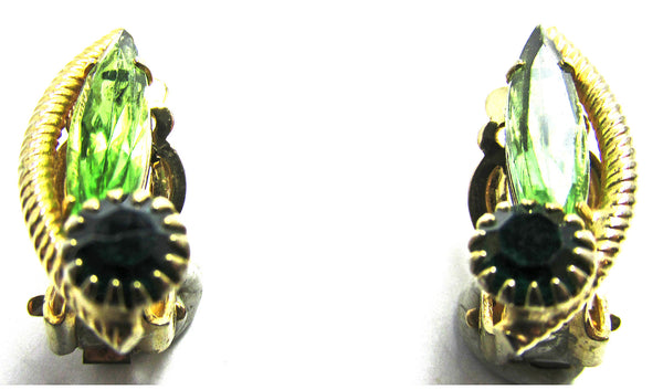 Vintage 1950s Delicate Mid-Century Green Diamante Earrings - Front