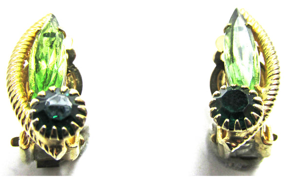 Vintage 1950s Delicate Mid-Century Green Diamante Earrings - Front
