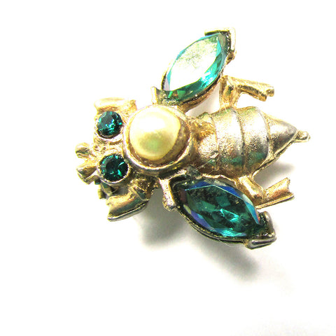 1950s Adorable Vintage Pearl and Diamante Figural Bug Pin - Front