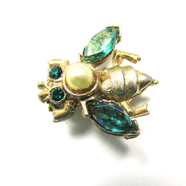 1950s Adorable Vintage Pearl and Diamante Figural Bug Pin - Front