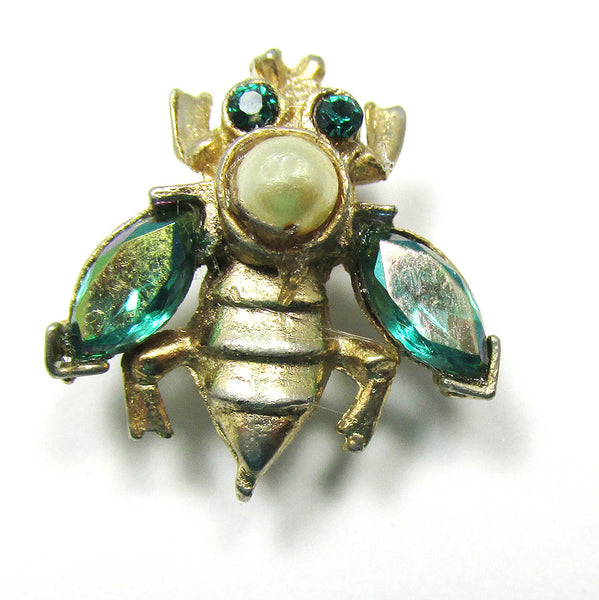 1950s Adorable Vintage Pearl and Diamante Figural Bug Pin - Front