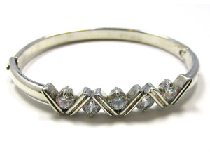 Mid-Century 1960s Vintage Clear Diamante Silver Cuff Bracelet - Front