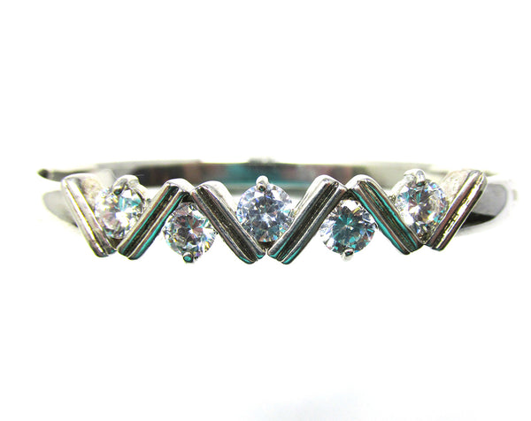 Mid-Century 1960s Vintage Clear Diamante Silver Cuff Bracelet - Front
