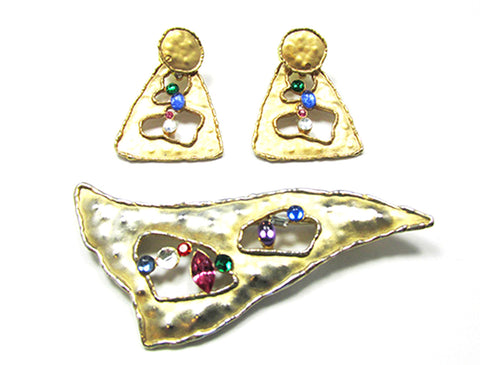 JJ (Jonette Jewelry) 1980s Avant Garde Geometric Pin and Earrings - Front