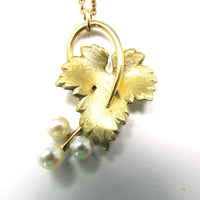 Signed Krementz 1950s Designer Mid-Century Pearl Grape Leaf Pendant - Close Up Front - Thumbnail