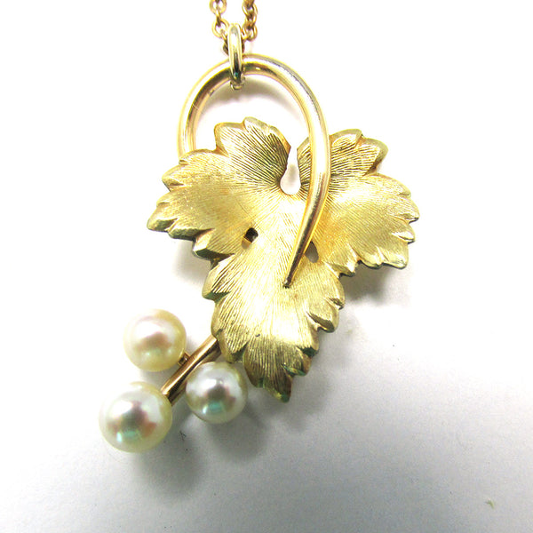 Signed Krementz 1950s Designer Mid-Century Pearl Grape Leaf Pendant - Close Up Front