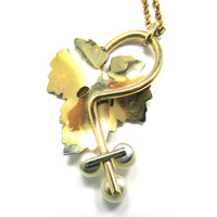 Signed Krementz 1950s Designer Mid-Century Pearl Grape Leaf Pendant - Back - Thumbnail