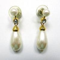 Vintage 1970s Contemporary Style Diamante and Pearl Drop Earrings - Front - Thumbnail