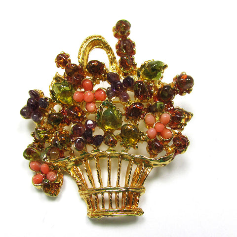 1970s Vintage Contemporary Style Diamante Floral Basket Pin - Front