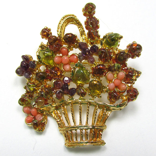 1970s Vintage Contemporary Style Diamante Floral Basket Pin - Close Up