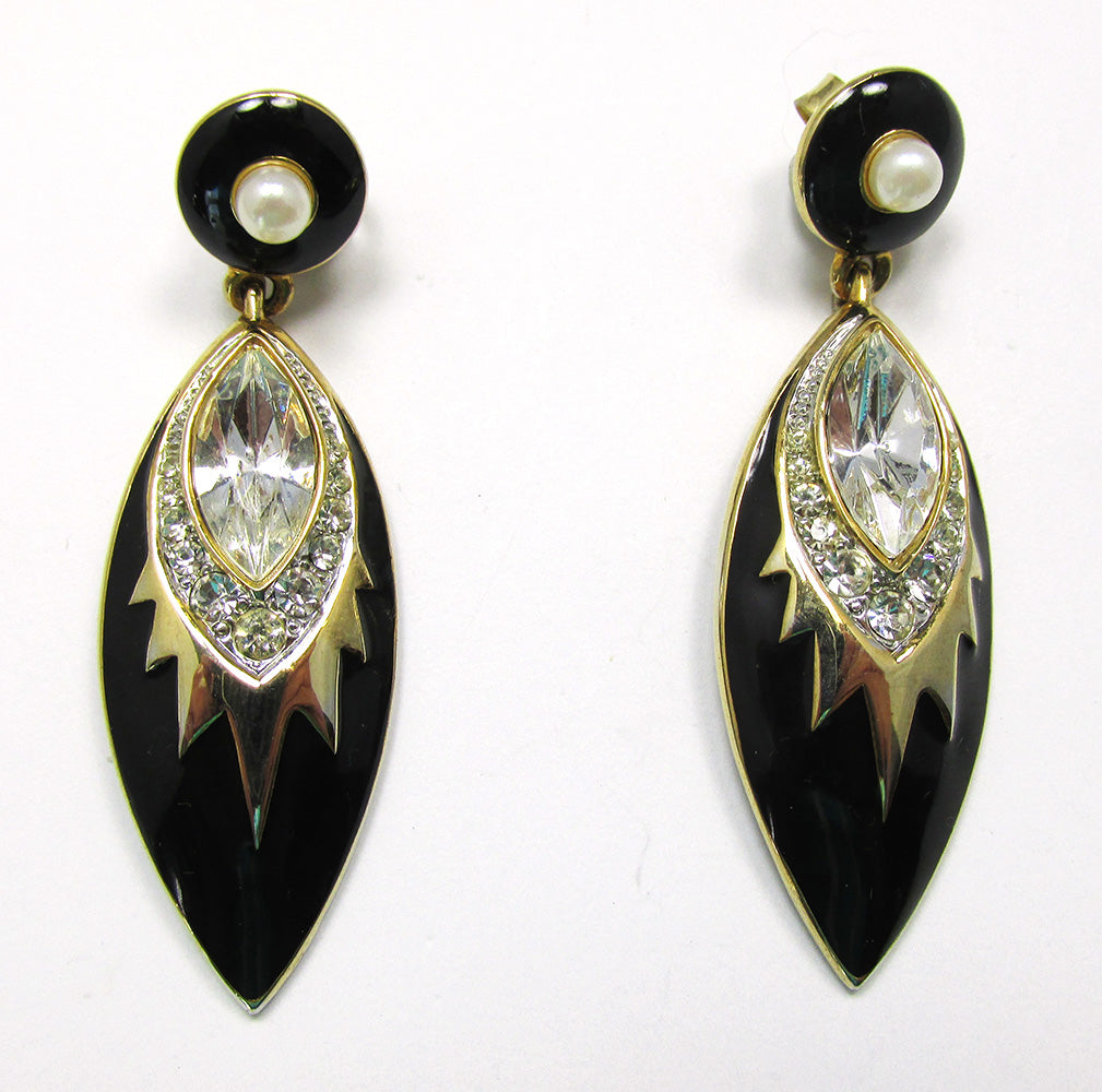 1980s Signed TAT Vintage Rhinestone and Black Enamel Drop Earrings - Front