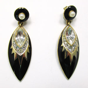 1980s Signed TAT Vintage Rhinestone and Black Enamel Drop Earrings - Front