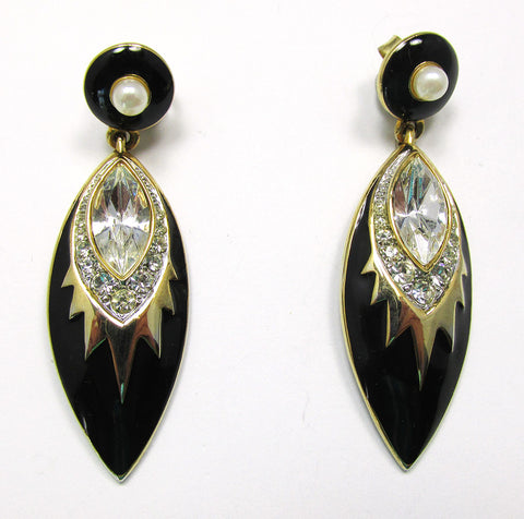 1980s Signed TAT Vintage Rhinestone and Black Enamel Drop Earrings - Front