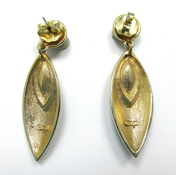 1980s Signed TAT Vintage Rhinestone and Black Enamel Drop Earrings - Back