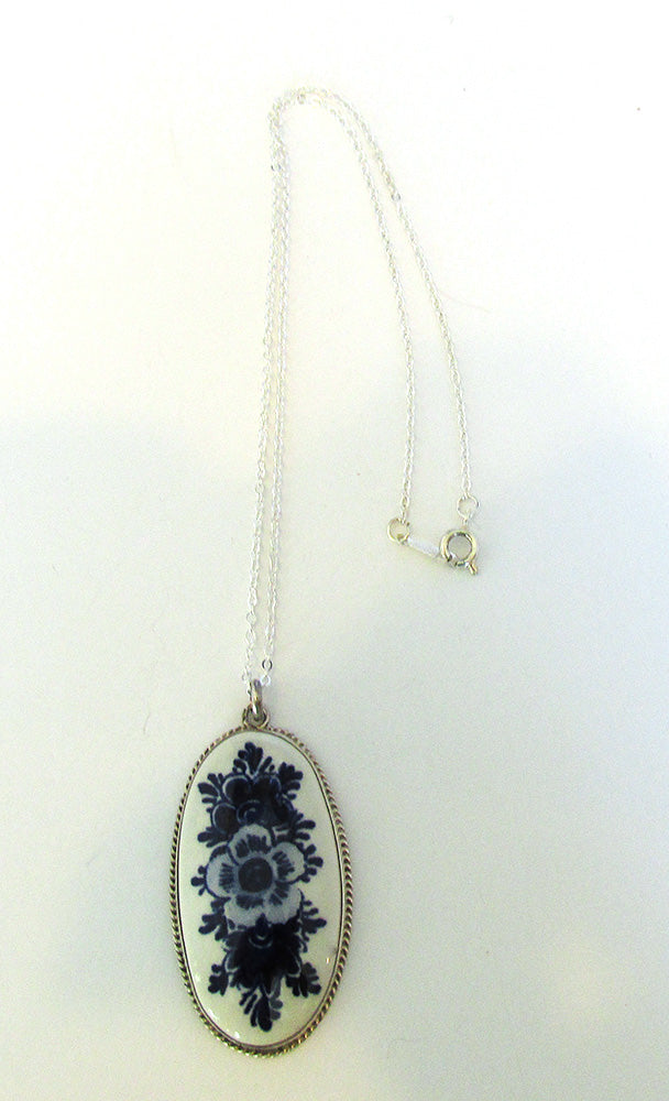 1960s Vintage European Royal Delft Porcelain and Sterling Pendant - Front