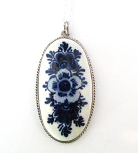 1960s Vintage European Royal Delft Porcelain and Sterling Pendant - Close Up Front - Thumbnail