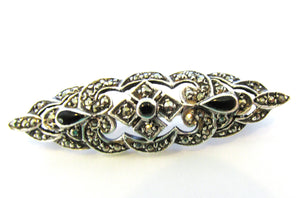 1940s Vintage Art Deco Style Onyx and Sterling Marcasite Pin - Front