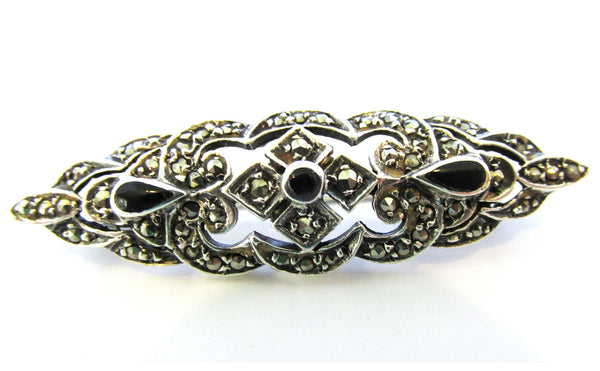 1940s Vintage Art Deco Style Onyx and Sterling Marcasite Pin - Close Up of Front