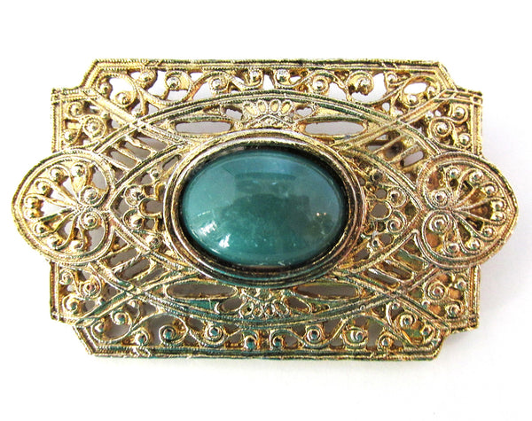1950s Mid-Century Jade Cabochon Geometric Pin - Close Up