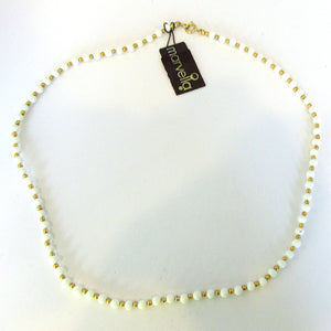 Marvella Vintage 1970s Ivory and Gold Bead Necklace with Hang Tag - Front