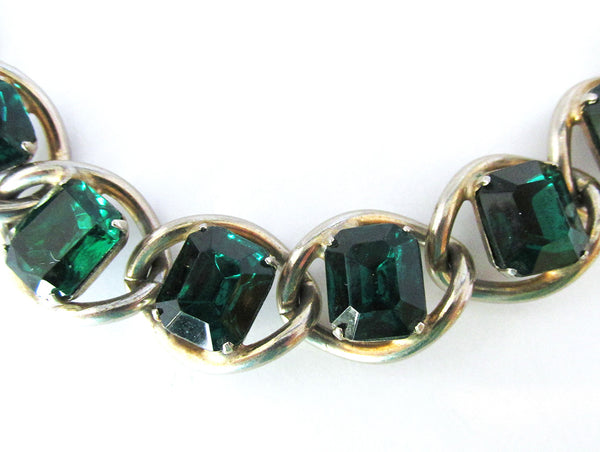 Vintage 1950s Striking Mid-Century Emerald Diamante Bracelet - Close Up