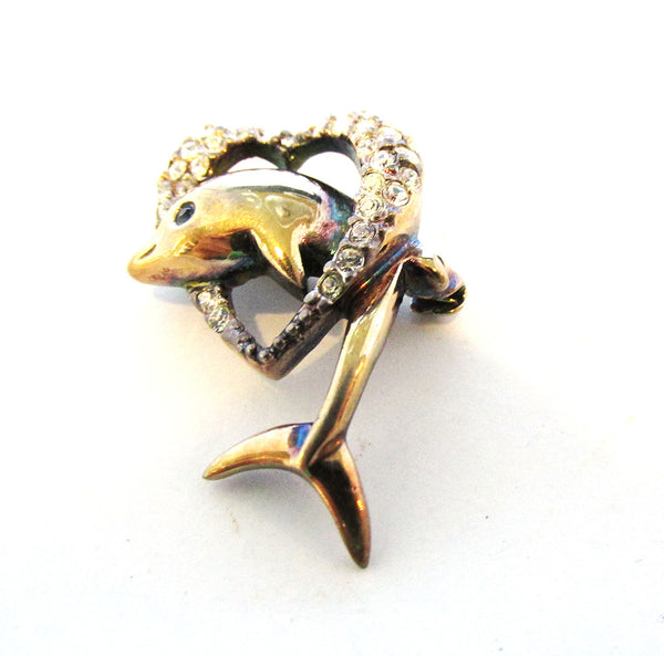1950s Dainty Vintage Diamante Heart and Dolphin Pin - Front
