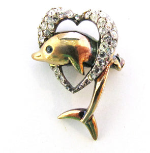 1950s Dainty Vintage Diamante Heart and Dolphin Pin - Front