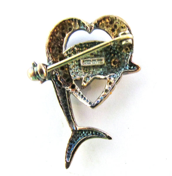 1950s Dainty Vintage Diamante Heart and Dolphin Pin - Back