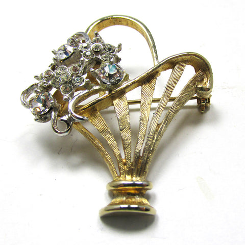 Mid-Century 1950s Vintage Diamante Floral Basket Pin - Front
