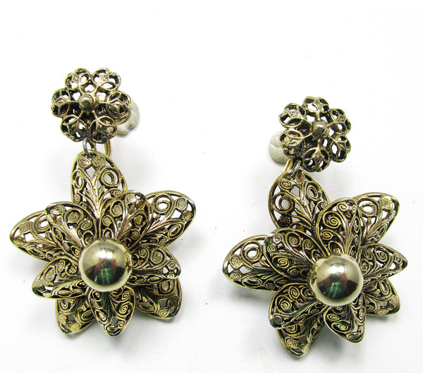 Coro Vintage 1950s Designer Cannetille Floral Drop Earrings - Front