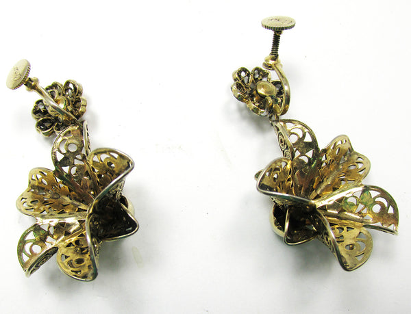 Coro Vintage 1950s Designer Cannetille Floral Drop Earrings - Side
