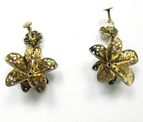 Coro Vintage 1950s Designer Cannetille Floral Drop Earrings - Back