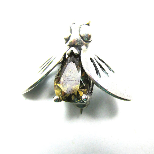 Cute 1950s Mid-Century Vintage Diamante and Sterling Bug Pin - Front