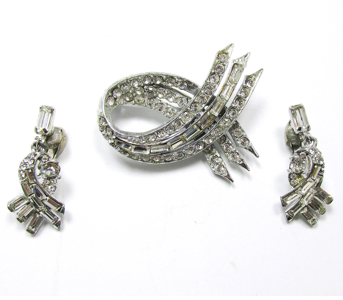 Pell Vintage 1950s Designer Diamante Pin and Earrings Set - Front