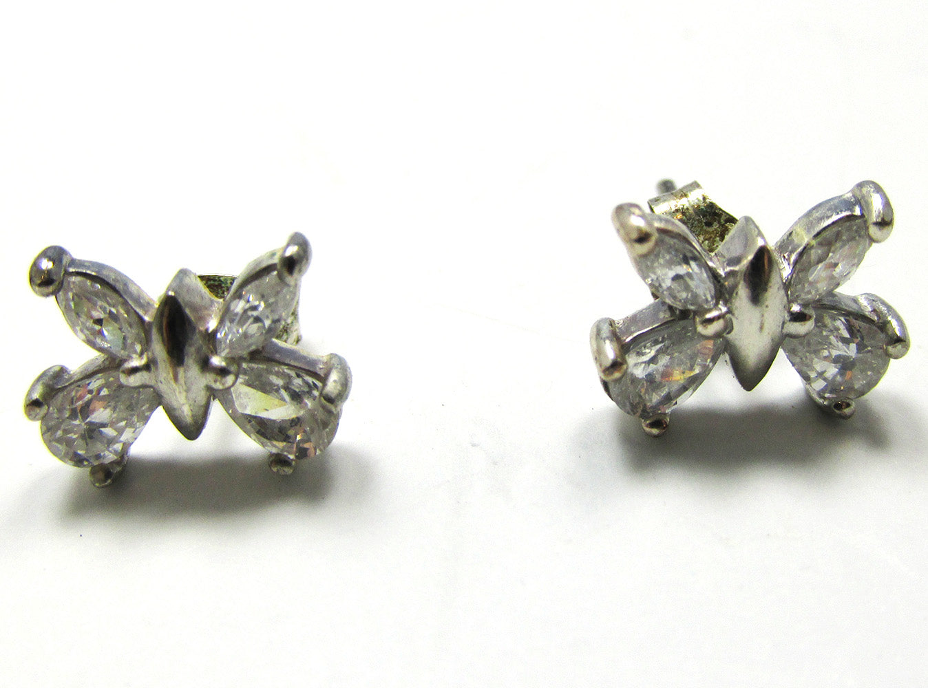 Signed 1980s Cubic Zirconia and Sterling Butterfly Earrings - Front