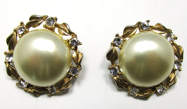 Vintage 1950s Mid-Century Diamante and Pearl Clip-On Earrings - Front