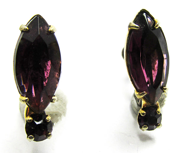 Vintage 1950s Dainty Mid-Century Amethyst Diamante Earrings - Front