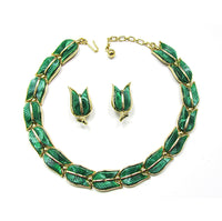 Signed 1950s Crown Trifari Designer Leaf Necklace and Earrings Set - Front - Thumbnail