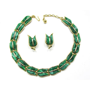 Signed 1950s Crown Trifari Designer Leaf Necklace and Earrings Set - Front