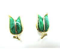 Signed 1950s Crown Trifari Designer Leaf Necklace and Earrings Set - Earring Fronts - Thumbnail