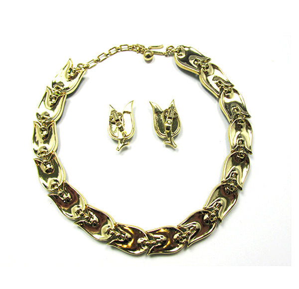 Signed 1950s Crown Trifari Designer Leaf Necklace and Earrings Set - Back