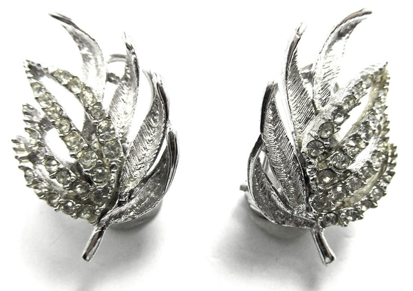 Vintage Mid-Century 1960s Clear Diamante Leaf Earrings - Front