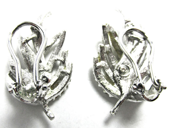 Vintage Mid-Century 1960s Clear Diamante Leaf Earrings - Back