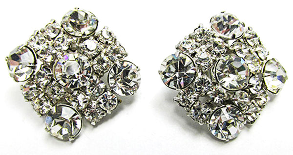 Opulent Vintage 1950s Mid-Century Clear Rhinestone Geometric Earrings - Front